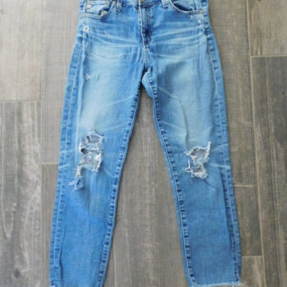 AG The Prima Crop Cigarette Distressed at knees Jeans size 28 Light Denim - Picture 2 of 7
